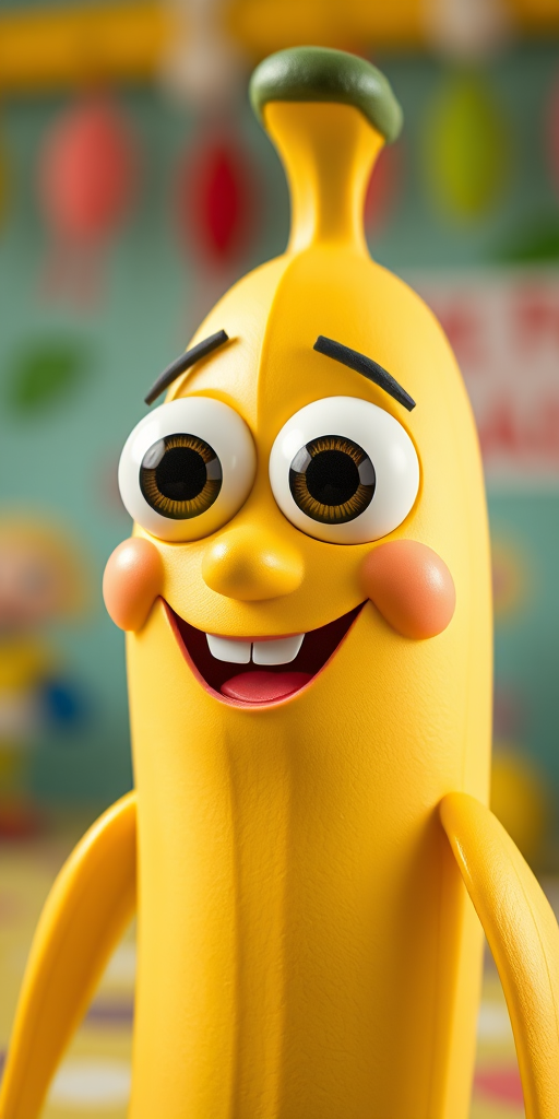 Create a vibrant, cartoonish banana character with large eyes and a big smile, shot in high resolution using a Canon EOS R5, 35mm lens, f/1.8 aperture, ISO 200, 1/200 sec, with a bright, playful background and a soft focus effect to enhance the image quality.