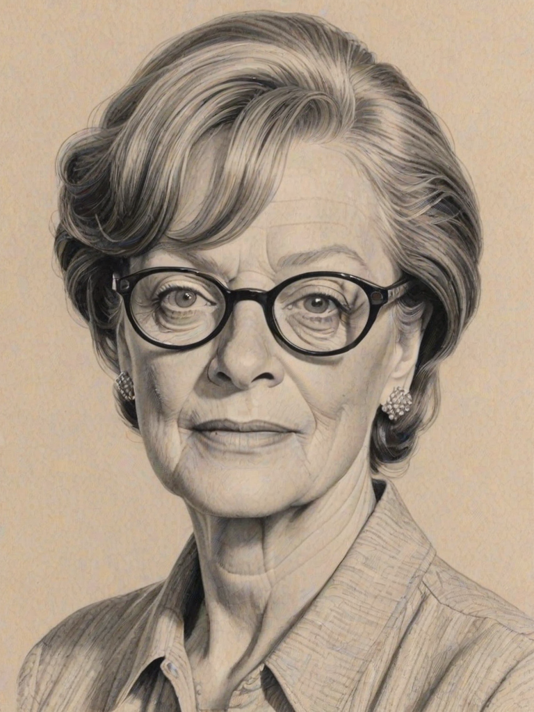 Radiant Maggie Smith, pencil sketch, portrait of Delightful woman 1952s in glasses, hair style beatnik, outline, clear lines, fine lines, 8k