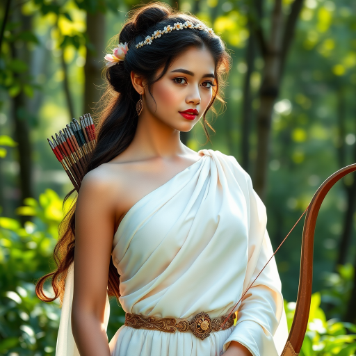 Create a portrait of a goddess-like Malay girl figure in a tranquil, forested environment. She has an elegant appearance with long, wavy hair styled in an updo and adorned with a delicate, floral headband. She wears a flowing, ancient Greek-inspired gown in a soft, pale color, featuring a one-shoulder design and draped fabric that accentuates her graceful form. The outfit includes a decorative belt with ornate gold detailing, and she holds a bow in her hand, with a quiver of arrows slung over her shoulder. The background depicts lush greenery, with sunlight filtering through the trees, casting a gentle, ethereal light on the scene. Her expression is calm and contemplative, embodying a sense of wisdom and serenity.