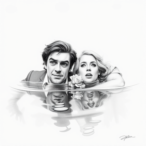 A hyperdetailed photorealistic black and white pencil sketch recreating the iconic scene at the end of Titanic with Jack and Rose floating in the water, only show them making exaggerated funny faces at the camera. Show Rose spitting water at the camera.
