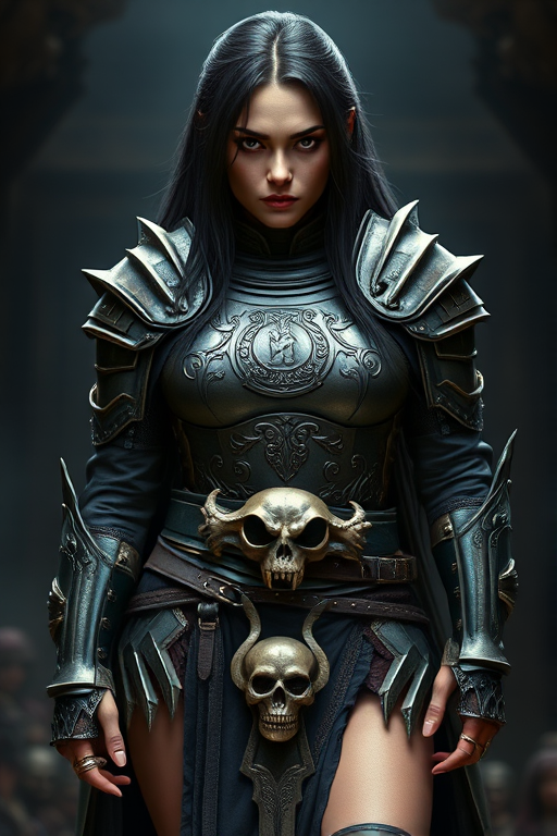 Create a photo of a fierce Eurasian female warrior with long black hair, wearing an ornate, metallic armor. The armor includes a breastplate with intricate designs, shoulder guards, and gauntlets. The breastplate is decorated with a central emblem, possibly representing a mythical symbol, and has a sculpted, form-fitting design. She wears a belt with a large skull ornament at the center, and her armor extends into a partial skirt, revealing one leg. The overall look is both protective and stylish, with a dark, gothic aesthetic. The background is dimly lit, suggesting a medieval or fantasy setting, enhancing the warrior's imposing presence and intense expression.