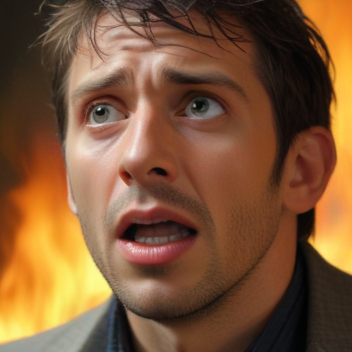 Man with Intense Expression Surrounded by Flames in Dramatic Scene