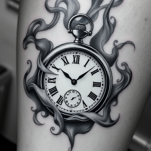 Realistic grayscale tattoo titled "Whispers of Time" depicting a hyper-detailed pocket watch surrounded by wispy smoke tendrils and floating clock hands, emphasizing depth and dimension through shading