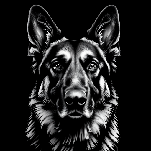 Create a high-resolution digital illustration of a German Shepherd dog's head in a dramatic black and white style, using a Canon EOS R5 camera with an 85mm f/1.2 lens, ISO 100, aperture f/1.2, and a shallow depth of field to enhance focus on the dog's facial features against a solid black background.