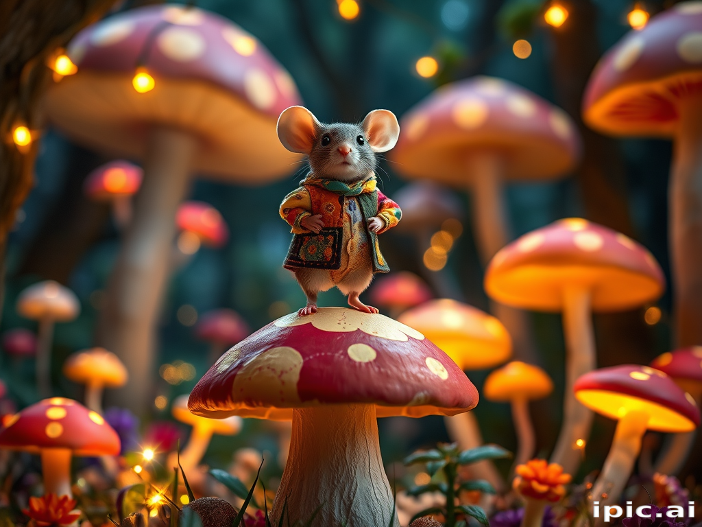 A whimsical scene featuring a small, anthropomorphic mouse standing confidently on top of a large, colourful mushroom. The mouse is dressed in patchwork clothing, made of various vibrant fabrics with mismatched patterns, giving it a charming, quirky appearance. The background is a fantastical forest filled with oversized, glowing mushrooms and sparkling lights, creating a magical, dreamlike atmosphere. The scene is illuminated by a soft, glowing light that adds to the enchanting feel, with twinkling fairy lights floating in the air, casting a warm, golden glow across the setting.