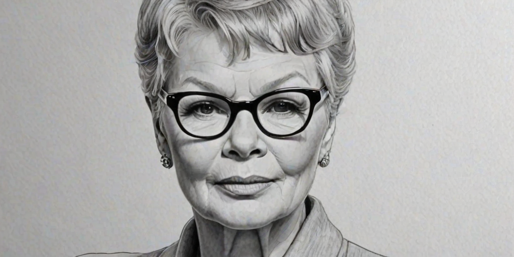 Elegant Judy Dench, pencil sketch, portrait of Lovely woman 1961s in glasses, hair style beatnik, outline, clear lines, fine lines, 8k