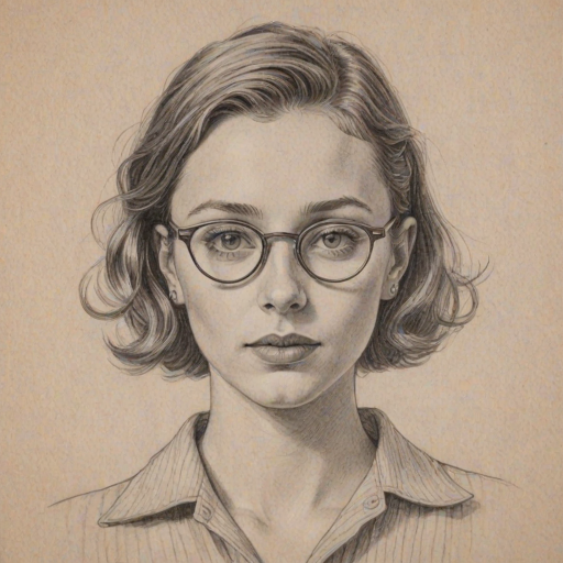Fascinating Emma Chamberlain, pencil sketch, portrait of Fetching woman 1932s in glasses, hair style beatnik, outline, clear lines, fine lines, 8k