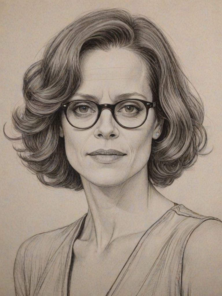 Captivating Sigourney Weaver, pencil sketch, portrait of Charming woman 1922s in glasses, hair style beatnik, outline, clear lines, fine lines, 8k