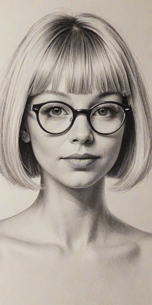 Superb Sia, pencil sketch, portrait of Wonderful woman 1964s in glasses, hair style beatnik, outline, clear lines, fine lines, 8k