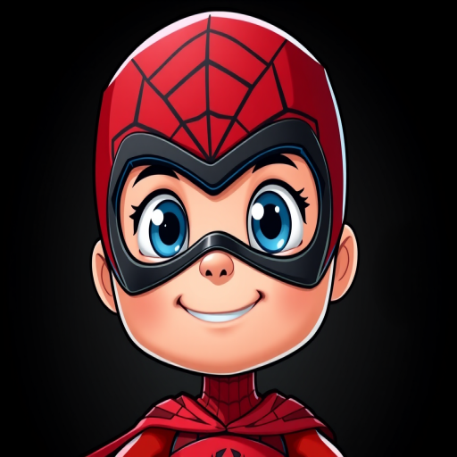 Create a vibrant illustration of a cartoon superhero with a red and black mask featuring a web design, large expressive blue eyes, and a confident smile, positioned against a solid black background, captured with a Canon EOS R5 camera, 50mm lens, f/1.8 aperture, ISO 100, and soft lighting to enhance details and colors.