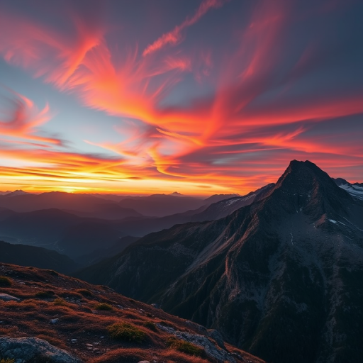 Generate a high-resolution image of a mountain landscape during sunset with vivid colors, using a DSLR camera, 24mm lens, f/8 aperture, ISO 100, and a shutter speed of 1/125 sec, capturing a panoramic view with vibrant contrasts and sharp details.