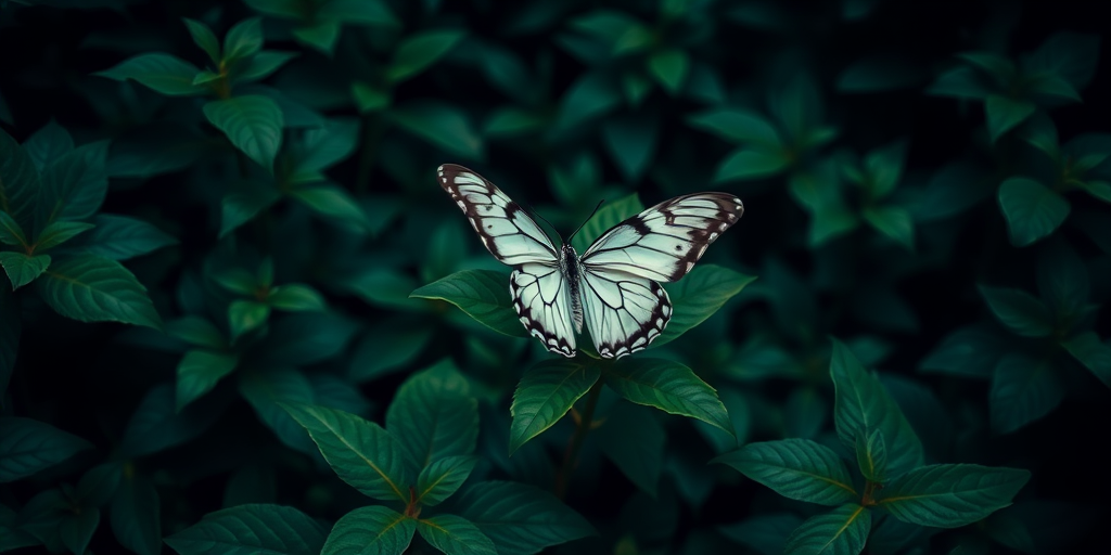 Generate an image of a butterfly with white wings featuring black stripes, perched on a green leaf amidst a lush, dark green background filled with foliage. The scene should convey a serene and natural atmosphere, highlighting the intricate details of the butterfly and the surrounding leaves.