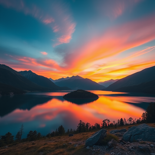 Create a serene landscape featuring a calm lake surrounded by mountains during sunset, with vibrant colors reflecting on the water, using a DSLR camera with a 35mm lens, f/8 aperture, ISO 100, and a shutter speed of 1/200s for enhanced image quality.