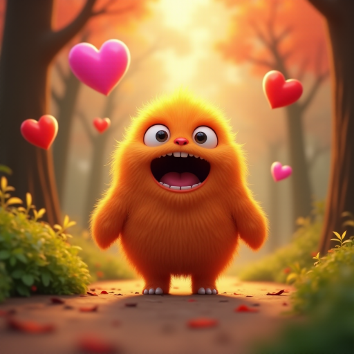 A fluffy orange creature with large eyes and a wide open mouth stands on a path in a whimsical forest, bright pink and red hearts float through the air, the creature has a surprised expression, the light is warm and soft, photorealistic, digital art, 3D style