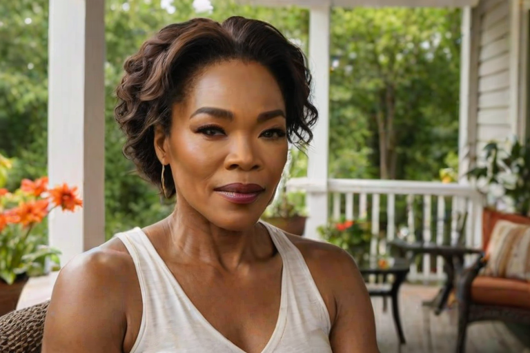 A photo of Angela Bassett with a background of a cozy porch. She has dark hair pulled back in an updo, with tendrils framing her face. She wears a white tank top and sits on the porch. The porch is part of a well-lit home with a warm, earthy tone and colorful flowers and foliage. The overall scene has a warm, welcoming, and comfortable ambiance.