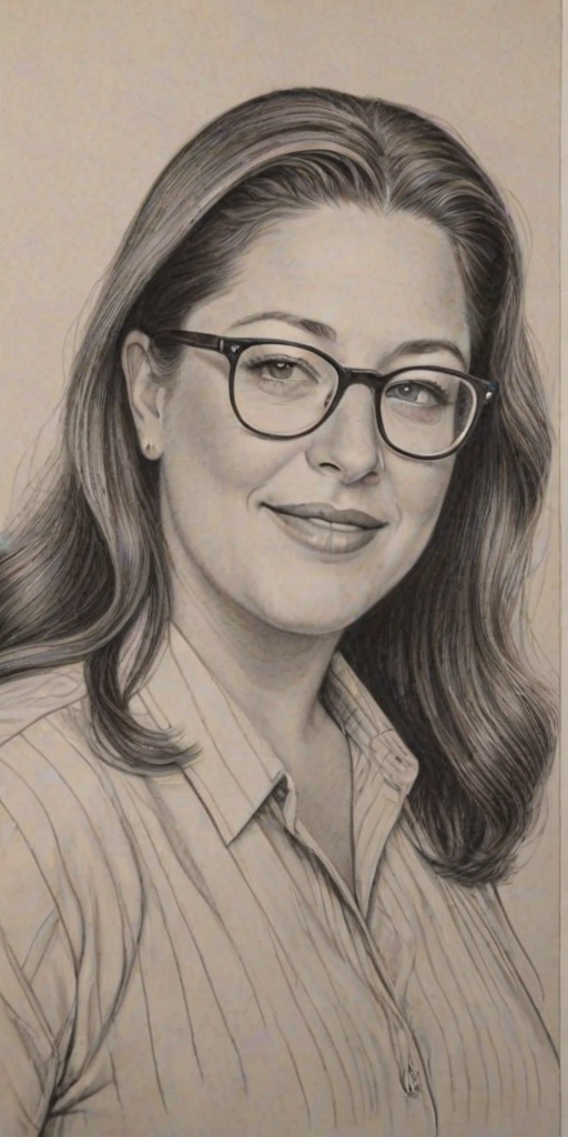 Enchanting Camryn Manheim, pencil sketch, portrait of Splendid woman 1947s in glasses, hair style beatnik, outline, clear lines, fine lines, 8k