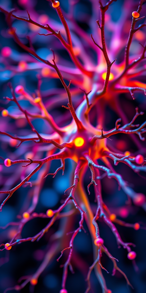 Create a highly detailed, high-resolution digital illustration of interconnected neurons with vibrant colors, utilizing a macro lens with a shallow depth of field, f/2.8 aperture, 50mm focal length, and soft lighting to enhance texture and depth.