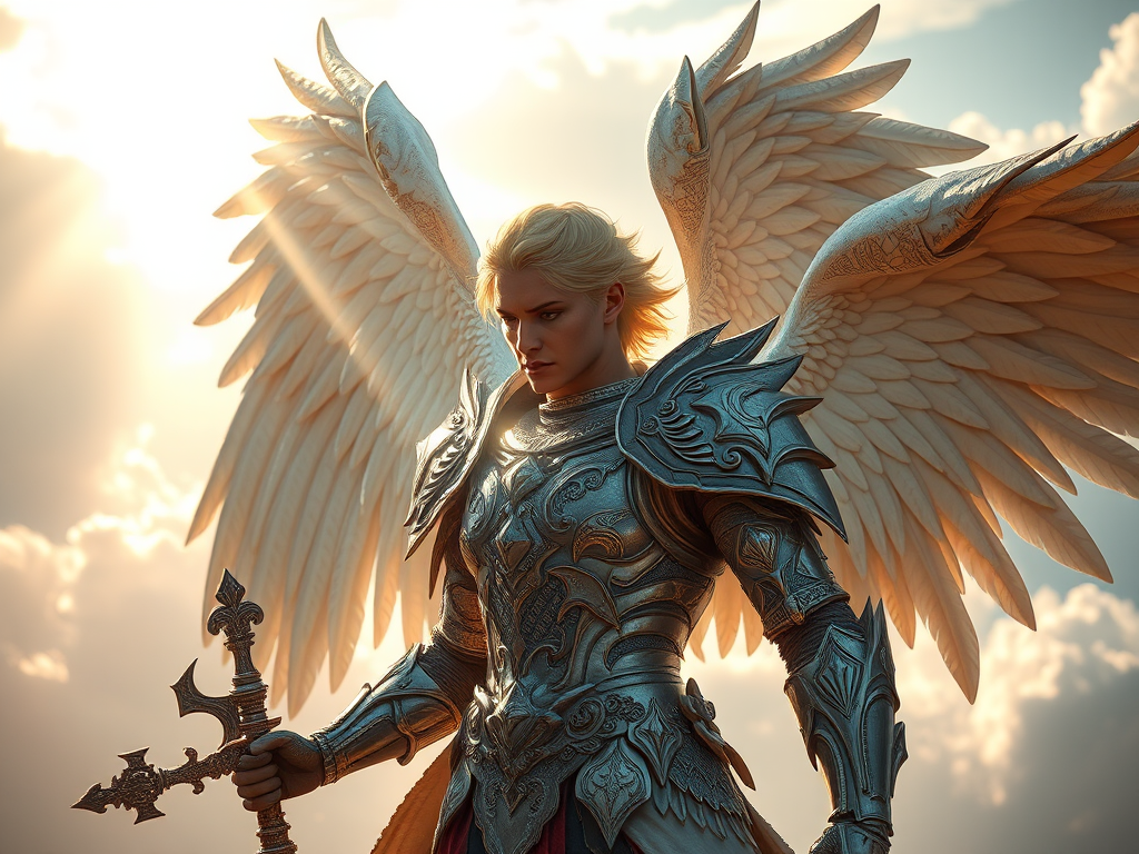 Create a highly detailed image of a majestic angelic warrior with intricate armor and large wings, illuminated by ethereal light beams breaking through clouds, with a shallow depth of field, 50mm lens, f/1.8 aperture, ISO 200, and softbox lighting for enhanced quality.