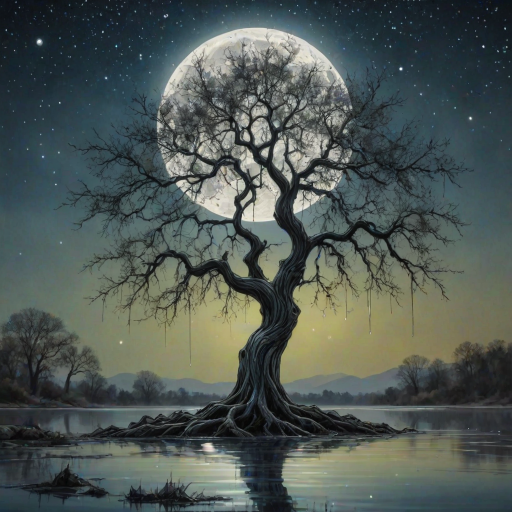 painting of a tree with a full moon in the background and water dripping from its branches, fantasy art, alcohol ink, 3D, 4K, HDRi