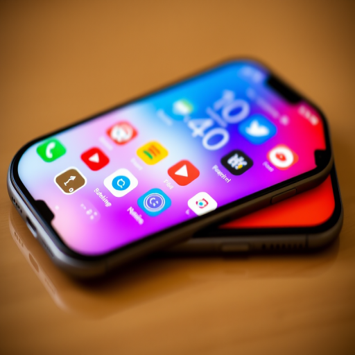 Create a vibrant smartphone interface display showing the time as 10:40 with colorful app icons in a grid layout, using a DSLR camera with a 50mm lens, aperture f/2.8, ISO 100, and in portrait mode for a shallow depth of field.