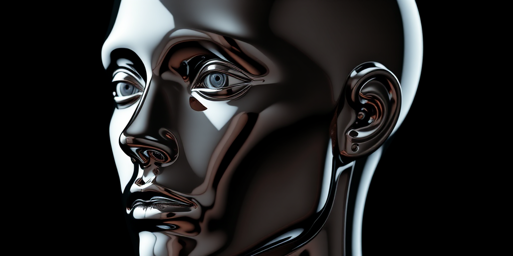 Create a highly realistic image of a shiny metallic mannequin head with intricate facial features, using a Canon EOS R5, 85mm f/1.2 lens, aperture set to f/4, ISO 100, and soft studio lighting against a black background for dramatic effect.