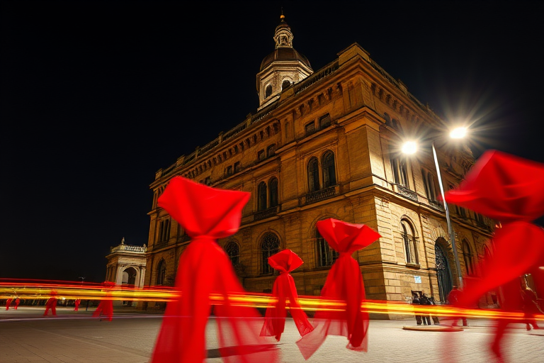 Long exposure photography of a historic building at night with vibrant red fabric figures in the foreground, capturing light trails with a low ISO of 100, aperture set at f/8, shutter speed of 15 seconds, using a tripod, shot from a slightly low angle with a wide-angle lens on a DSLR camera.