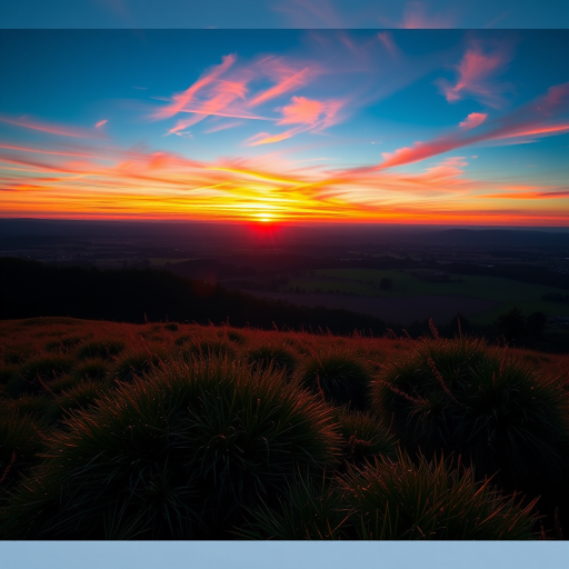 A high-resolution image of a serene landscape at sunrise with vibrant colors, captured using a DSLR camera with a 50mm lens, aperture set to f/2.8, shutter speed of 1/250 sec, ISO 100, in landscape orientation for enhanced depth and clarity.
