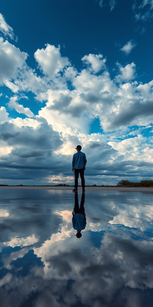 regenerate the image of a figure standing on a reflective surface with a vast blue sky filled with dynamic clouds in the background, use a Canon EOS R5 camera with a 24mm lens, aperture f/8, ISO 100, 1/125 sec shutter speed, captured from a low angle perspective to emphasize the reflections and sky's grandeur, with HDR settings for enhanced detail and color depth.