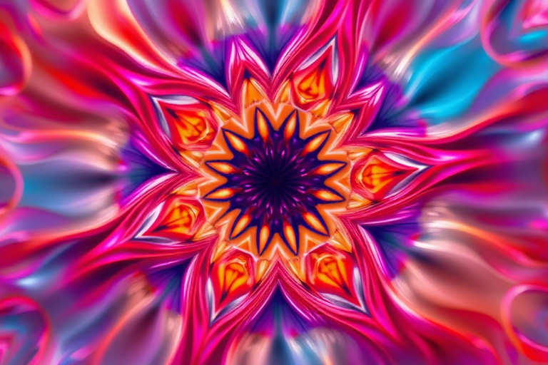 Create a high-resolution image of an intricate abstract design with vibrant colors and smooth gradients, captured with a Canon EOS R5, 50mm f/1.2 lens, ISO 100, aperture set to f/8, using a soft focus style and top-down view for enhanced clarity and detail.