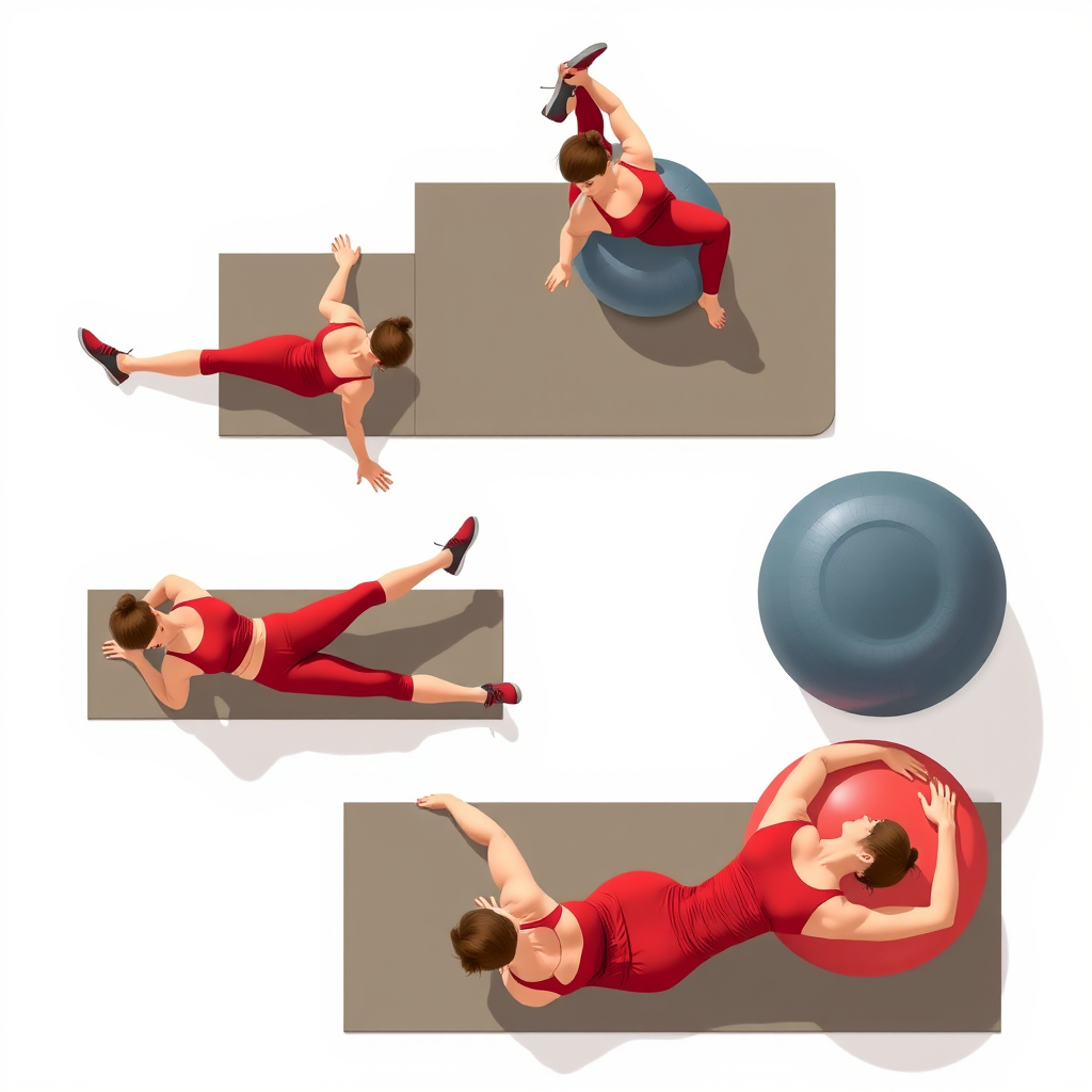 Create a high-resolution illustration of a fitness routine featuring a woman in a red outfit performing various exercises on a yoga mat and gym ball with a focus on form and technique, shot from a dynamic overhead angle using a DSLR camera at f/4 aperture, ISO 100, and a shutter speed of 1/200s to enhance detail and clarity.