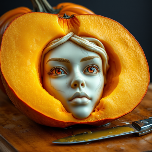 A hyperdetailed photorealistic macro color saturated high resolution image of a pumpkin cut in half, with the pumpkin pit being a highly detailed sculpted woman's face with her eyes open and pumpkin-colored irises. The face has a marble texture. The image includes condensation, moisture, and pumpkin juice. The pumpkin is on a wooden cutting board with a small fruit knife nearby, also covered with juice.