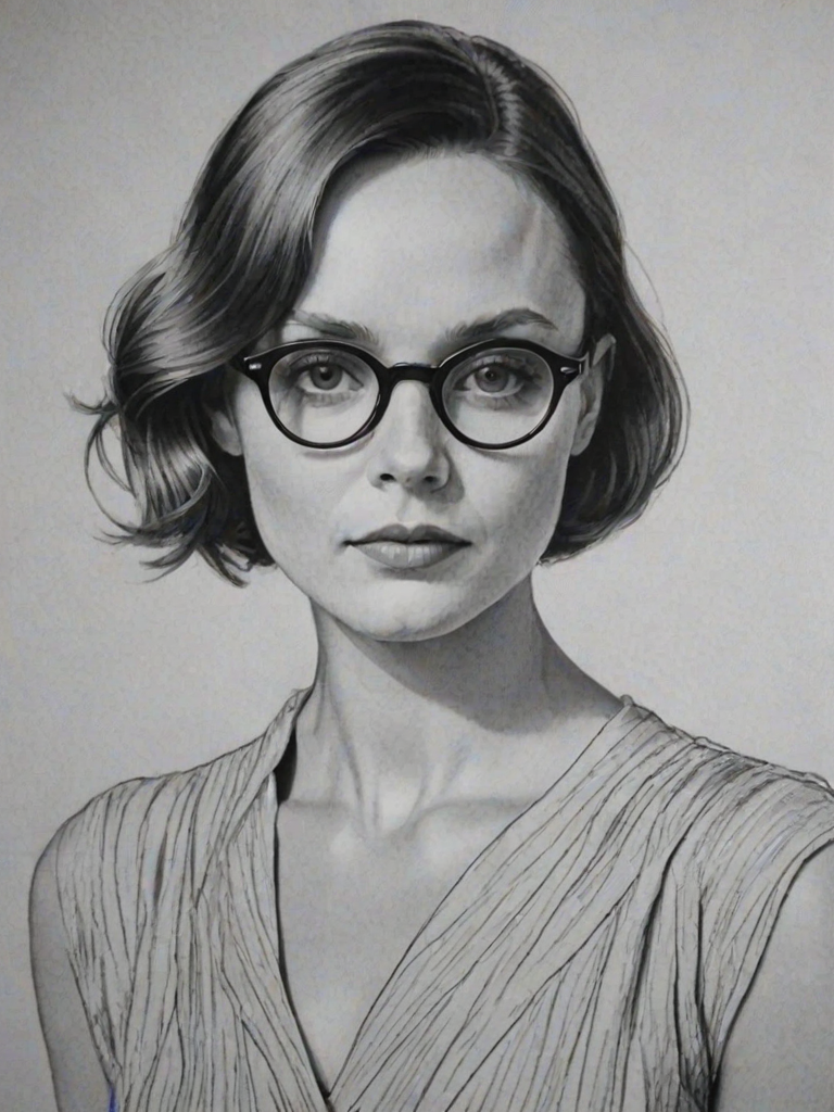Resplendent Stella McCartney, pencil sketch, portrait of Pleasing woman 1929s in glasses, hair style beatnik, outline, clear lines, fine lines, 8k
