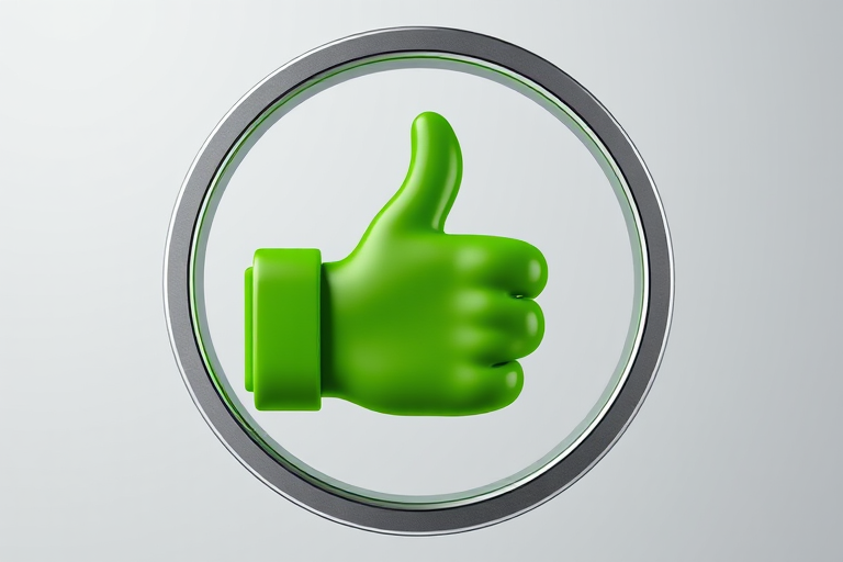 create a glossy 3D rendering of a green thumbs up icon inside a circular silver frame, with professional lighting, soft focus background, studio quality, shot on a Canon EOS R with a 50mm f/1.8 lens at f/2.8, ISO 100, and shutter speed 1/125 sec