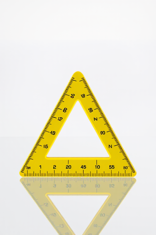 Create a high-resolution image of a shiny yellow triangular ruler with a transparent background, using a 50mm lens, f/2.8 aperture, ISO 100, and a softbox lighting setup to enhance reflections and clarity.