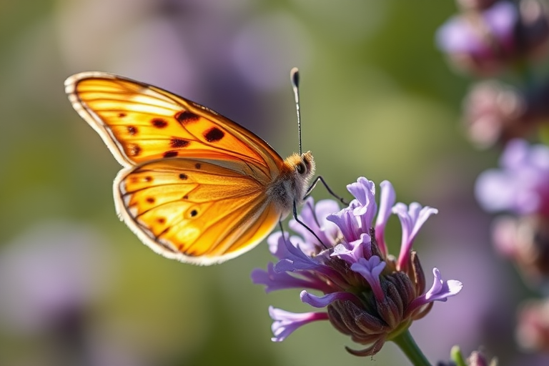 Sharp, detailed close-up of a butterfly perched on a lavender flower, soft sunlight illuminating its vibrant wings, with tiny pollen particles visible on the flower's surface.