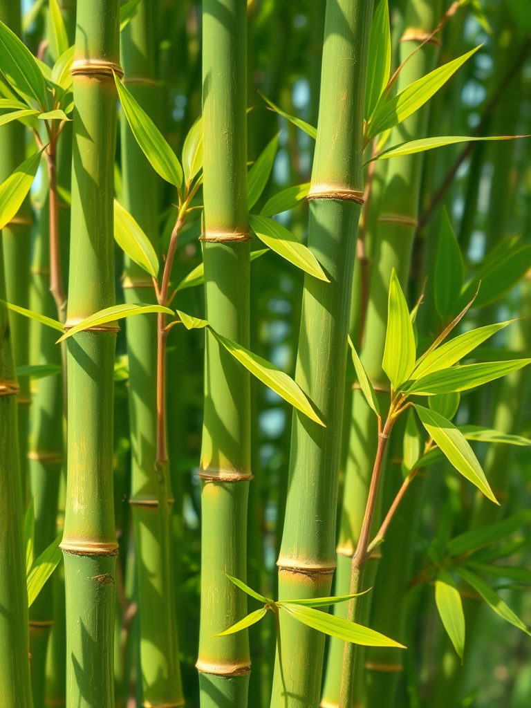 Create a vibrant illustration of bamboo stalks with lush green leaves, focusing on the texture and details of the bamboo, taken with a macro lens at f/2.8, ISO 100, and a shutter speed of 1/200s, in natural daylight to enhance color saturation and clarity.