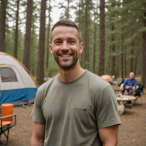 professional photograph, some guy, 35 year old man, crew cut, at a campsite, smiling at viewer, friendly