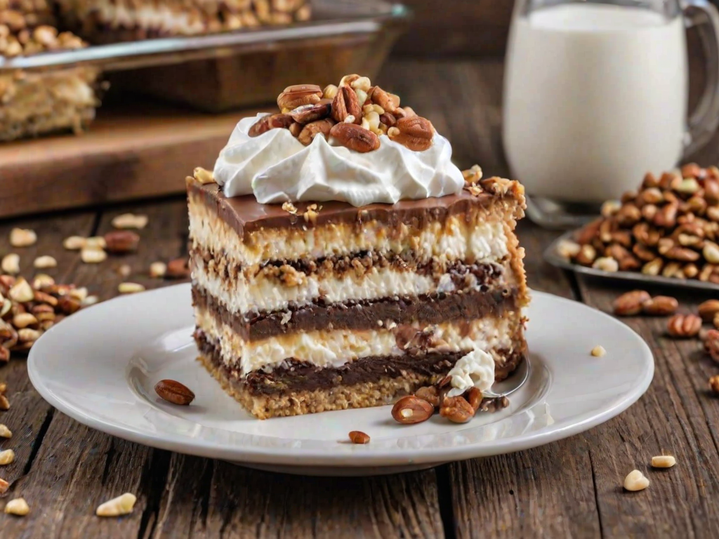 Generate an image of a slice of layered dessert on a white plate. The dessert has a creamy top layer, a chocolatey bottom layer, and is garnished with whipped cream and crushed nuts. The background features a rustic wooden table.