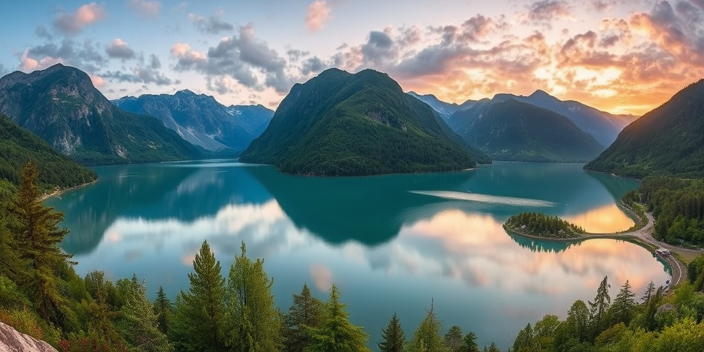 Create a high-resolution image of a serene landscape featuring a tranquil lake surrounded by lush green mountains during sunset, using a Canon EOS R5 camera, aperture f/8, ISO 100, shutter speed 1/125s, with a wide-angle lens capturing a panoramic view for enhanced depth and clarity.