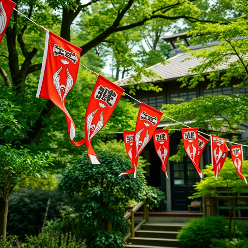 capture koi nobori flags fluttering in the breeze in a lush green garden with a rustic house in the background, use a Canon EOS R5 camera, 50mm lens, aperture f/2.8, ISO 100, shutter speed 1/200s, vibrant colors and sharp details, slightly low angle view to emphasize the flags against the trees