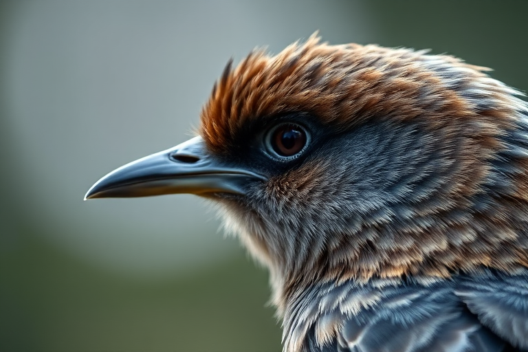 Close-up of a bird's profile with detailed feather texture, soft focus background, natural lighting, ISO 200, aperture f/2.8, shutter speed 1/200s, 85mm lens, DSLR camera.