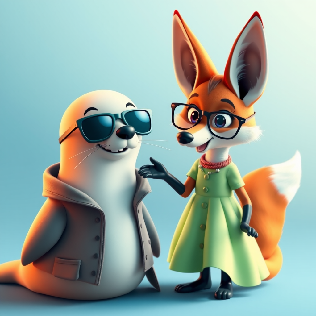 Create an animated image featuring a playful scene between a cartoon seal wearing sunglasses and a coat, and a sly fox dressed in a light green dress, using a vibrant color palette, captured with a Canon EOS R5, 50mm lens, f/1.8 aperture, and a bright, well-lit background for enhanced clarity and detail.