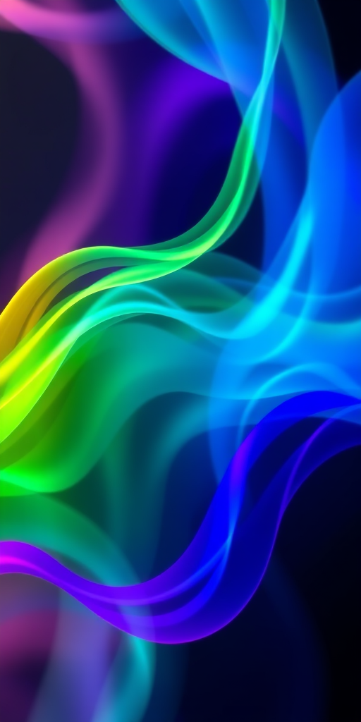 Create an abstract image with vibrant flowing colors in shades of green, blue, and purple, using a Canon EOS R5, 50mm lens, f/2.8 aperture, ISO 100, capturing in a soft-focus style with an emphasis on light trails and smooth gradients.