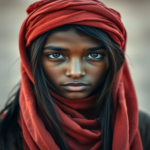 Create a portrait of a young Tuareg male with long, dark hair and captivating hazel eyes. She is wearing a red headscarf and a matching scarf draped gracefully around her neck. The background is softly blurred, focusing attention on her serene and natural expression. The overall color palette is muted and warm, enhancing the intimate and authentic feel of the portrait.