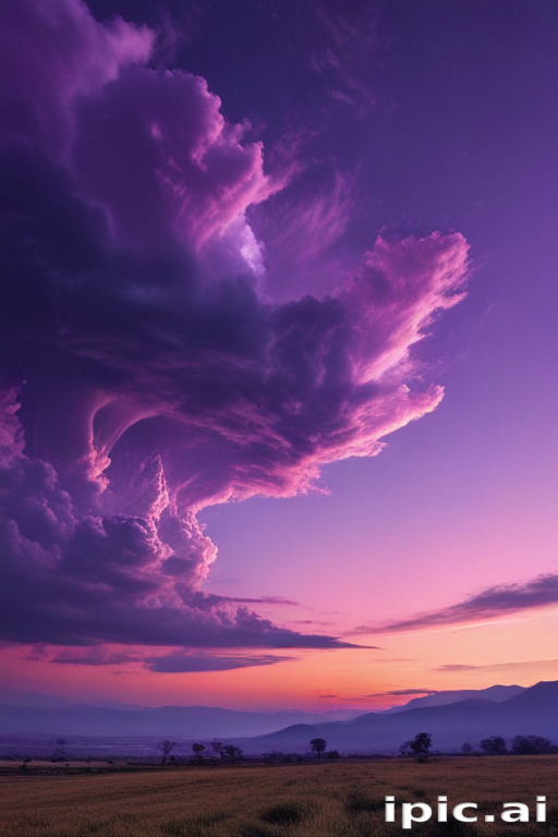 Majestic Purple Clouds at Dusk Over Rolling Hills and Mountains