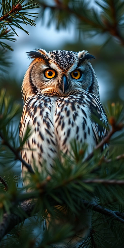 Capture a close-up shot of a perched owl among pine branches, using a Canon EOS R5, 85mm lens, aperture f/2.8, ISO 400, shutter speed 1/250s, natural light, shallow depth of field to enhance the details of the owl and soften the background.