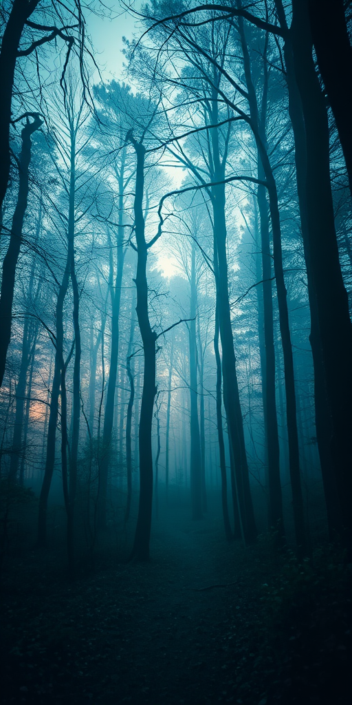 Generate a high-resolution image of a mystical forest at twilight with ethereal lighting, using a Canon EOS R5 camera, 24mm lens, f/2.8 aperture, ISO 400, 1/60 sec shutter speed, wide-angle view, and a dreamy soft focus style.