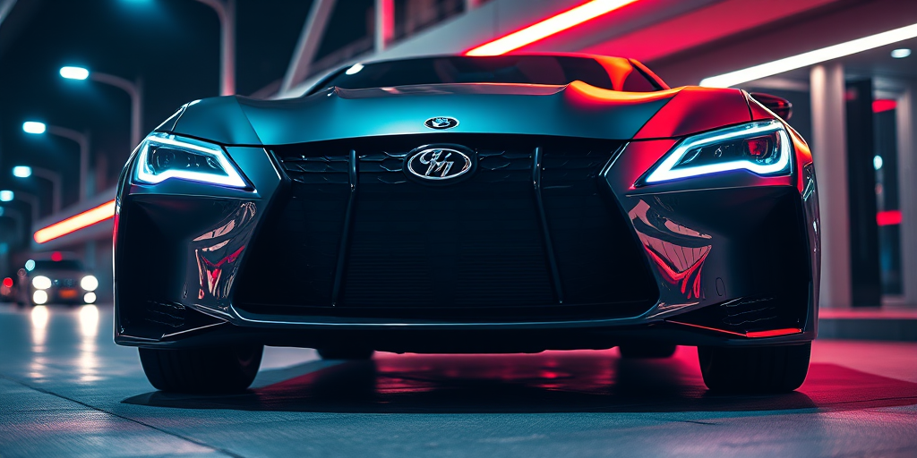 Generate a high-resolution image of a luxury car front view with dynamic neon lighting, using a Canon EOS R5 camera, 50mm lens, f/1.8 aperture, ISO 100, and a shutter speed of 1/200s, with a low angle perspective to emphasize the car's design.