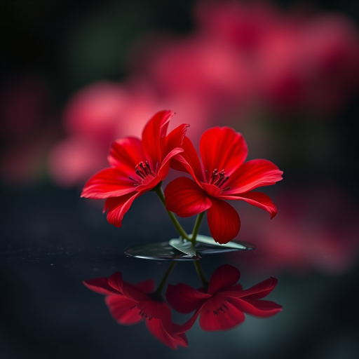 Generate an image of two vibrant red flowers emerging from a dark, reflective surface with a blurred, dreamy background, shot with a Canon EOS R5, 85mm f/1.2 lens, aperture set to f/1.8, ISO 100, with a shallow depth of field for a soft bokeh effect.