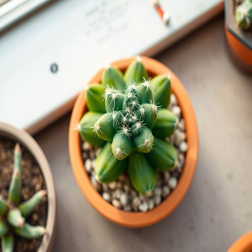 regenerate a digital illustration of a cactus in a terracotta pot, focal length 50mm, aperture f/8, ISO 100, top-down view, using a digital camera with a flat design style and bright colors for enhanced image quality